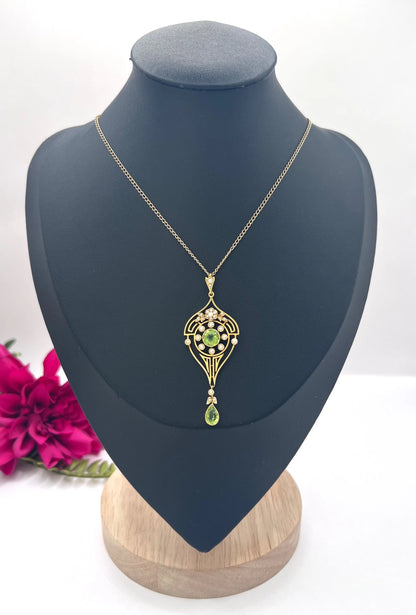 Antique 15 Carat Yellow Gold Peridot and Seed Pearl Drop Pendant, Circa 1910