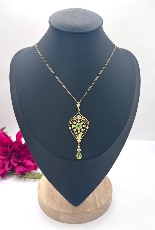 Antique 15 Carat Yellow Gold Peridot and Seed Pearl Drop Pendant, Circa 1910