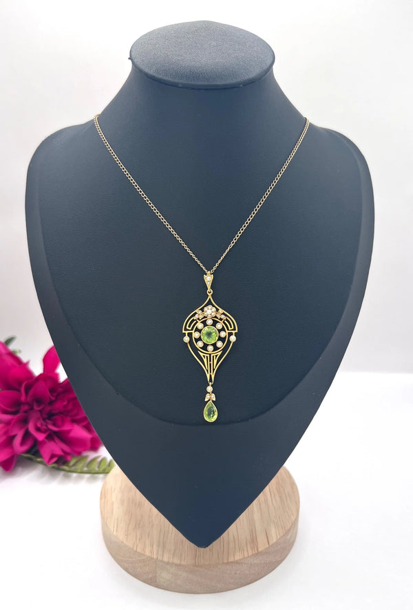 Antique 15 Carat Yellow Gold Peridot and Seed Pearl Drop Pendant, Circa 1910