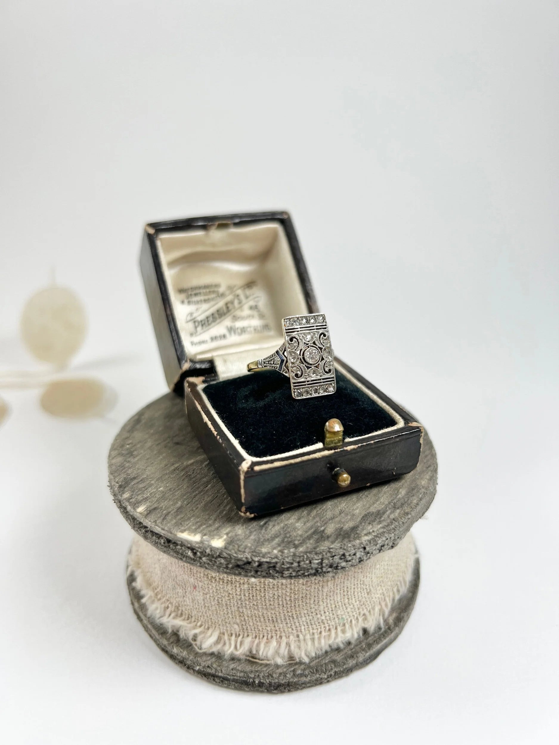 Antique 18ct Gold & Platinum Art Deco Rectangular Diamond  and Sapphire Plaque Ring