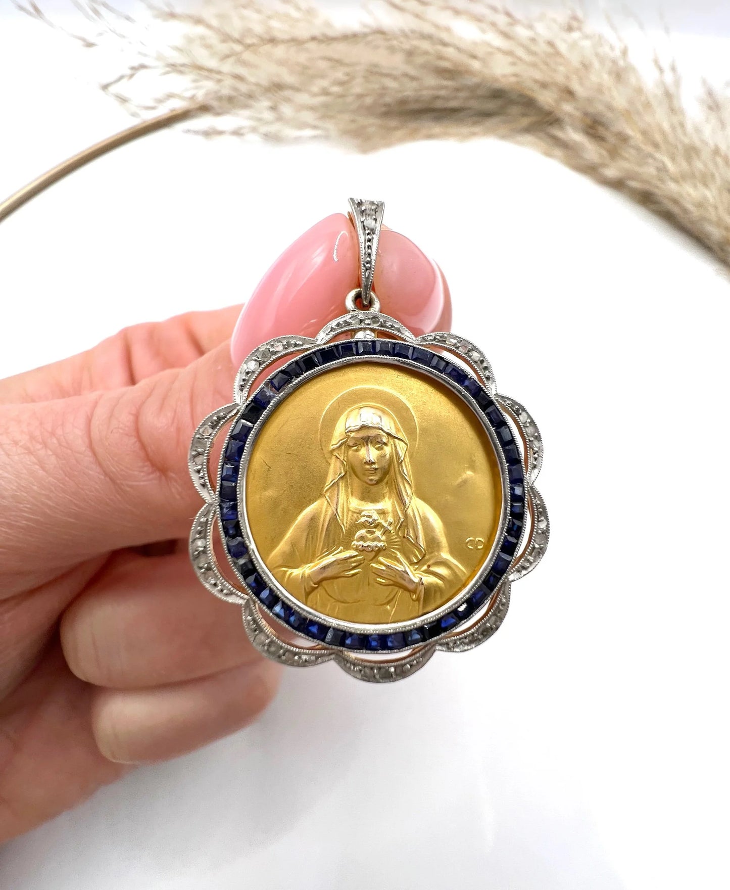 Antique 18 Carat Gold, Platinum and Sapphire Scared Heart Madonna Medal Pendant