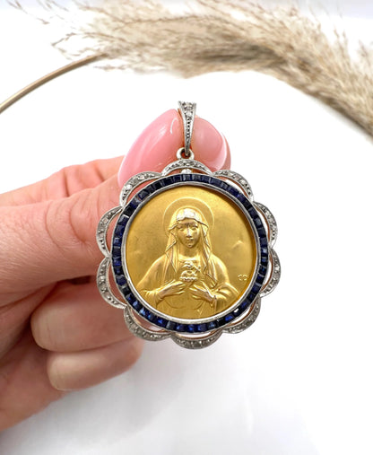 Antique 18 Carat Gold, Platinum and Sapphire Scared Heart Madonna Medal Pendant