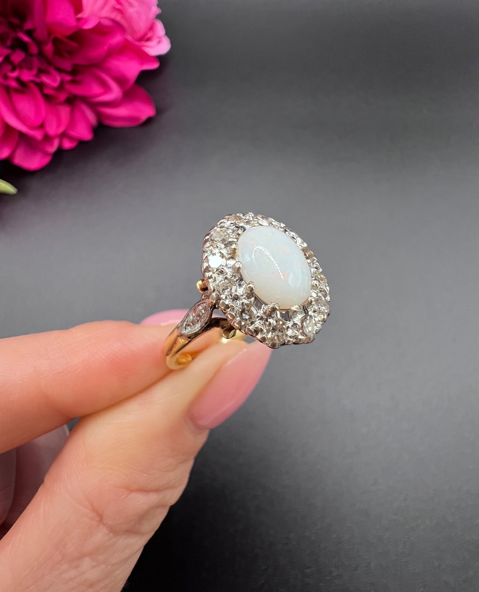 Vintage 18 Carat Yellow Gold Opal and Diamond Oval Cluster Ring, Hallmarked 1963