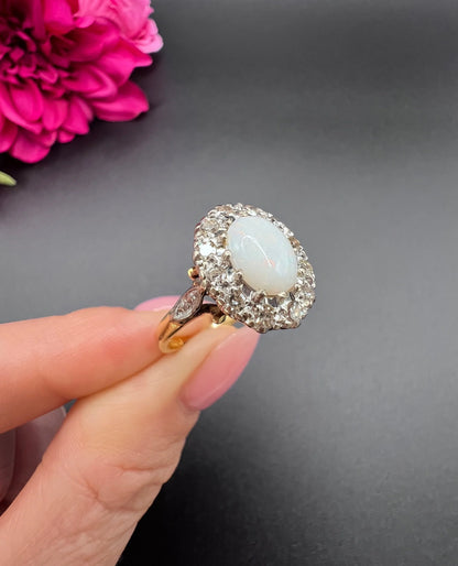 Vintage 18 Carat Yellow Gold Opal and Diamond Oval Cluster Ring, Hallmarked 1963