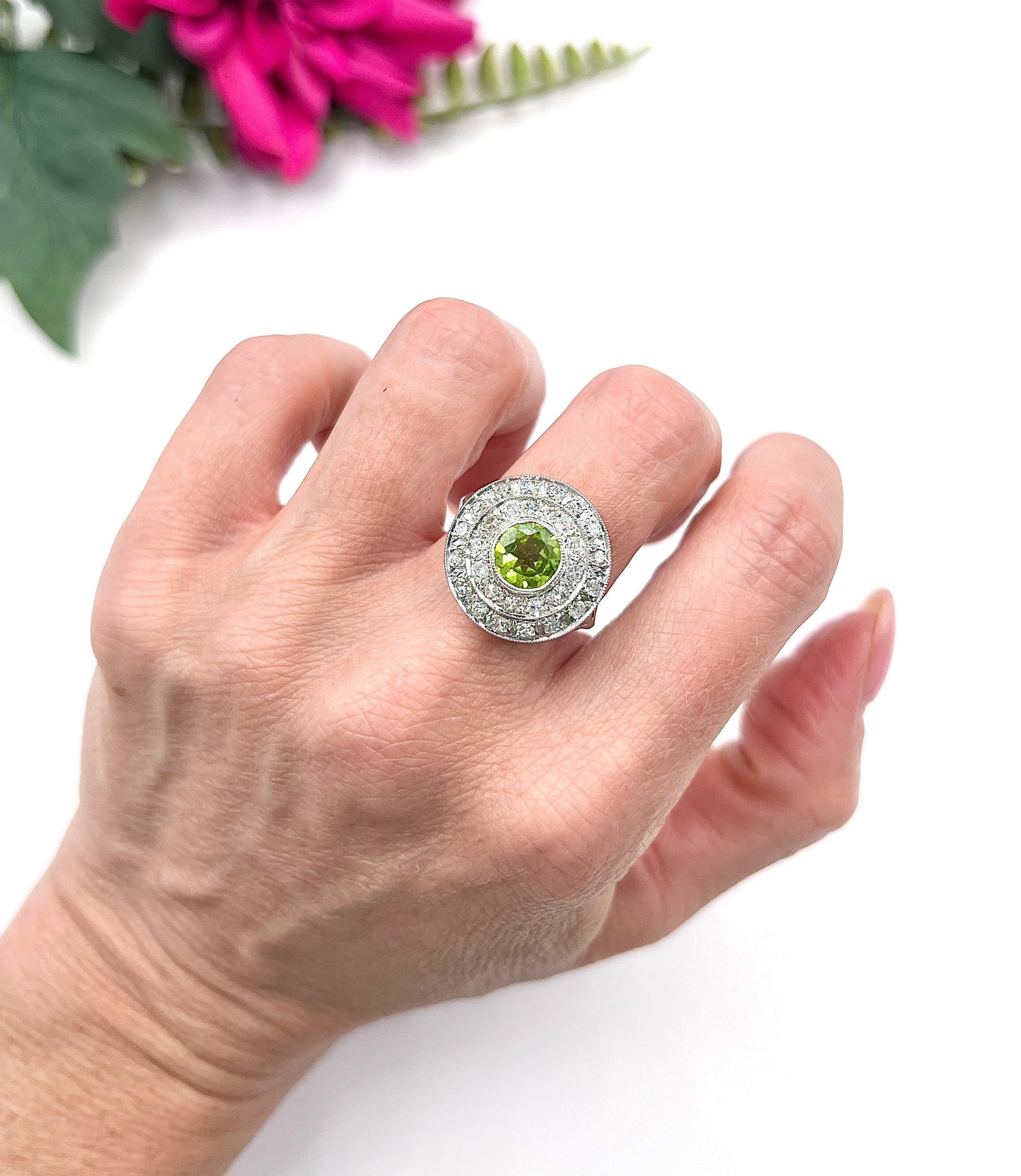 Vintage 18ct Gold French, 1940s Peridot and Diamond Double Halo Ring
