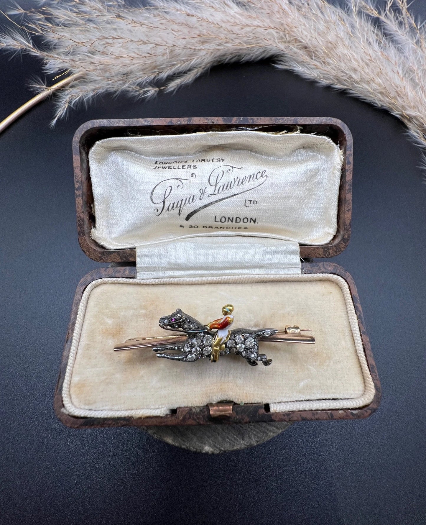 Antique 18 Carat Gold and Silver Diamond Horse and Enamel Jockey Brooch, Circa 1900