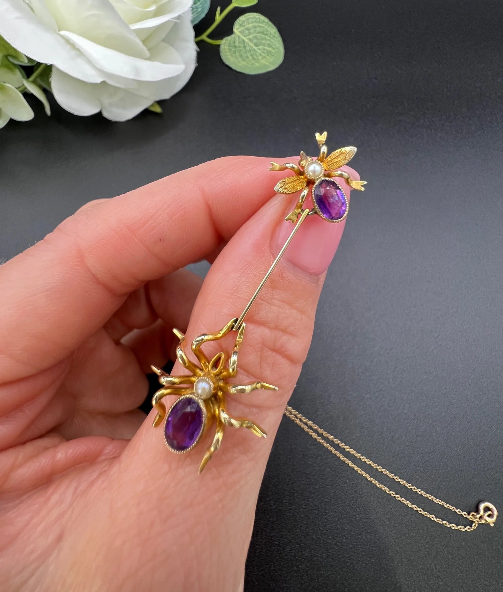 Antique 9 ct Gold, Edwardian Amethyst Spider And Fly Bug Pendant Necklace