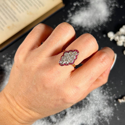 Antique French Art Deco Ruby Diamond Marquise Cluster Ring