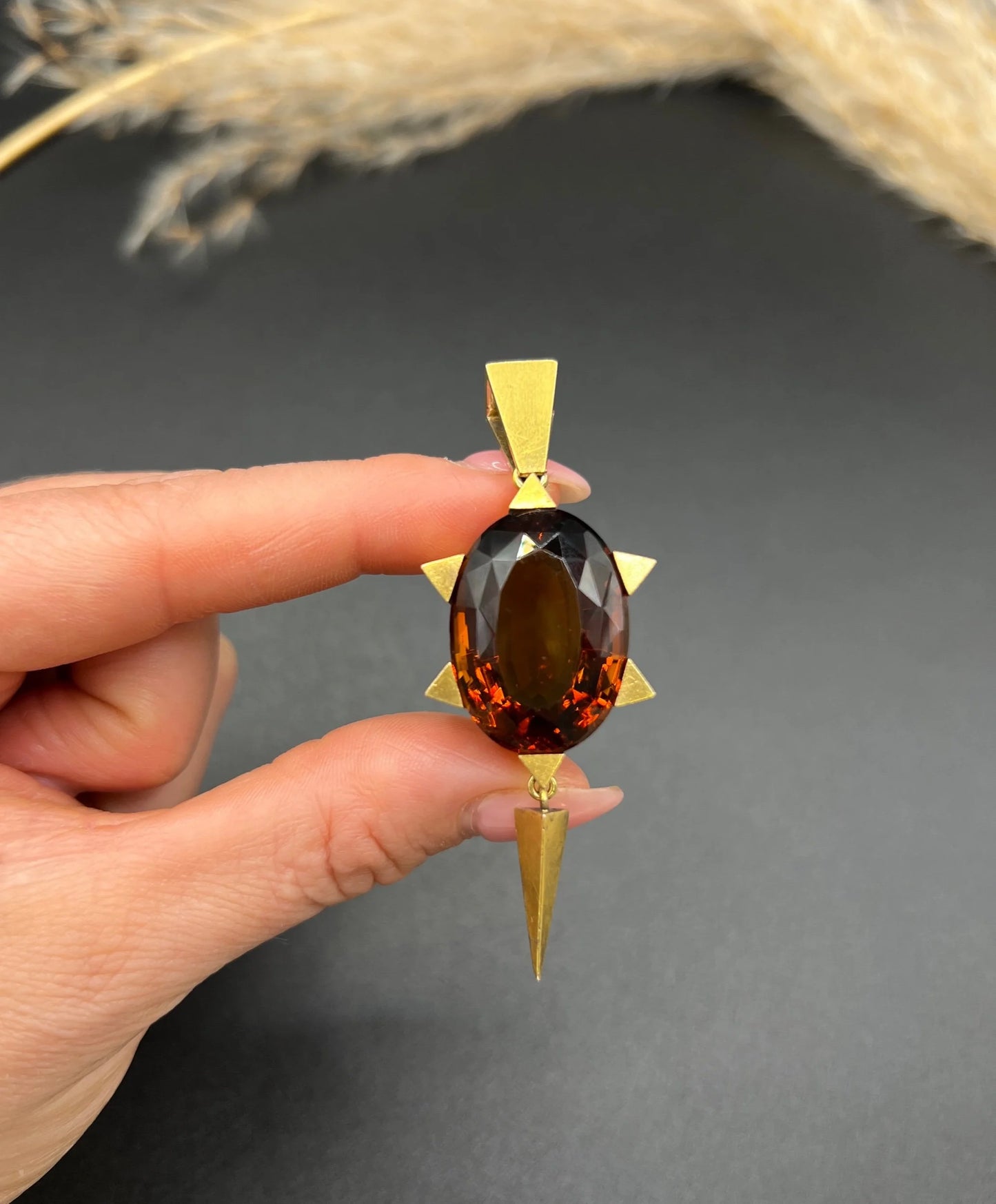 Antique Vintage Art Deco Large Citrine Star Shaped Pendant in 15ct Gold