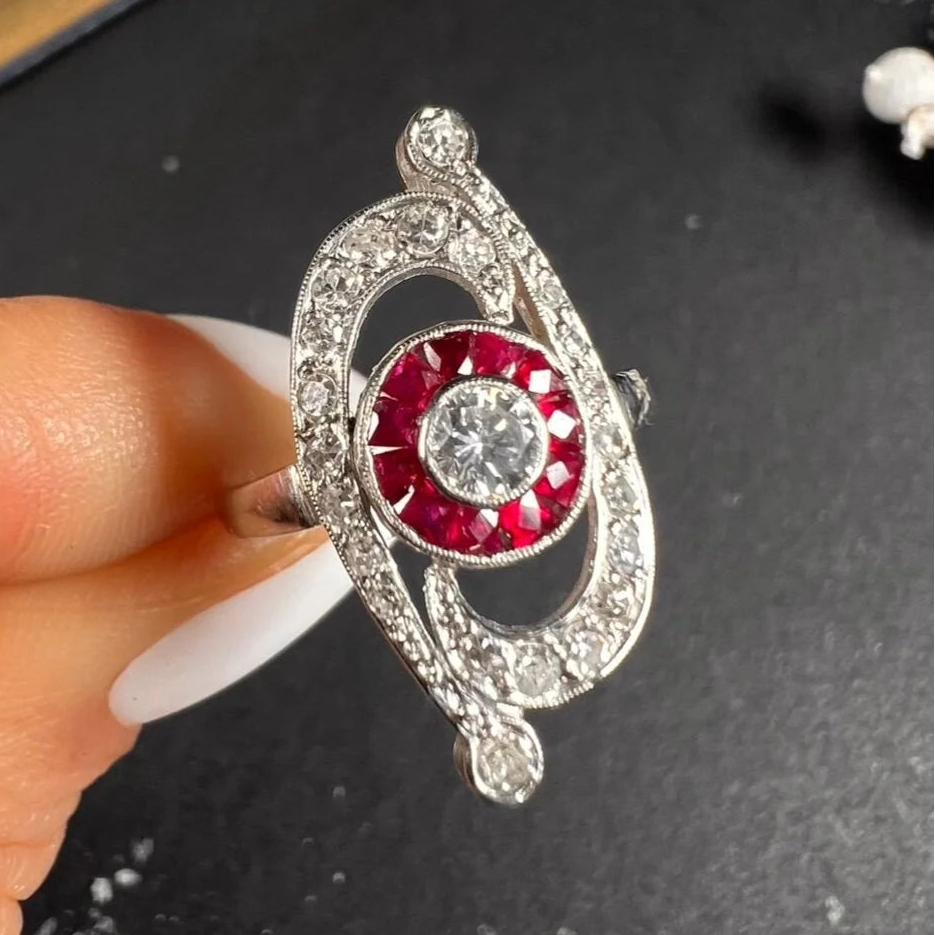 Antique Art Deco Ruby and Diamond Scroll Target Cluster Ring