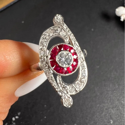 Antique Art Deco Ruby and Diamond Scroll Target Cluster Ring