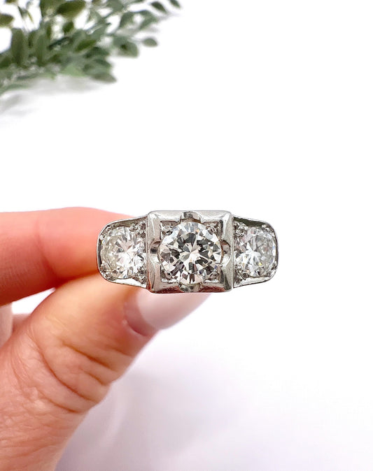 Antique Art Deco Platinum Three Stone Diamond Ring, 1.20 Carats, Circa 1920