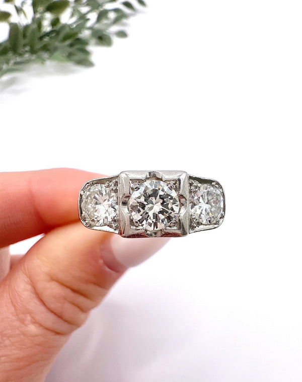 Antique Art Deco Platinum Three Stone Diamond Ring, 1.20 Carats, Circa 1920