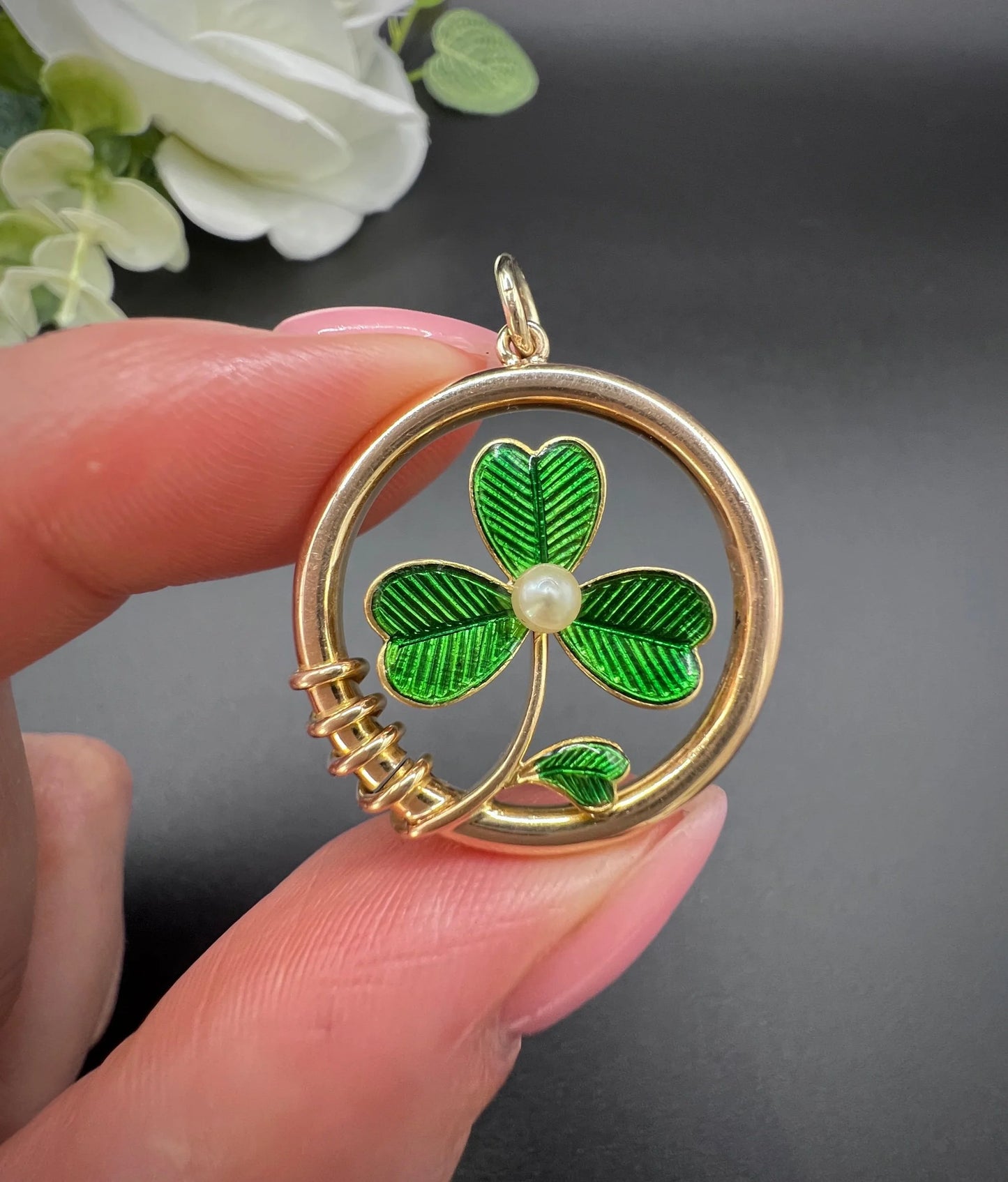 Antique 15 ct Gold, Edwardian Green Enamel And Pearl, 3 Leaf Clover Shamrock Pendant