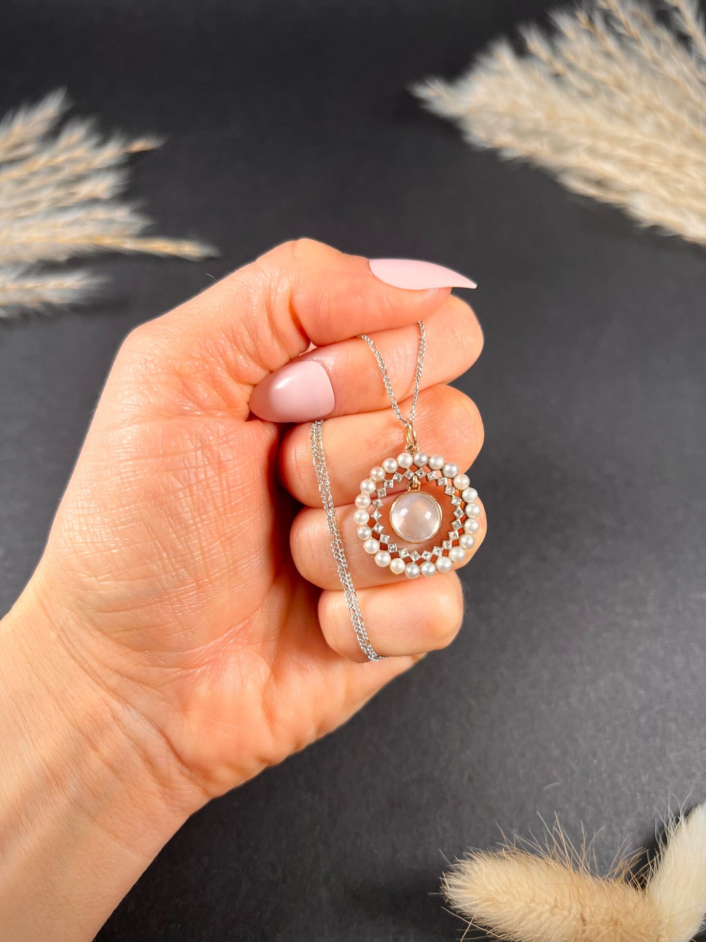 Antique 18 Carat Gold, Platinum, Moonstone, Diamond and Pearl Halo Pendant