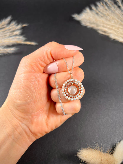 Antique 18 Carat Gold, Platinum, Moonstone, Diamond and Pearl Halo Pendant