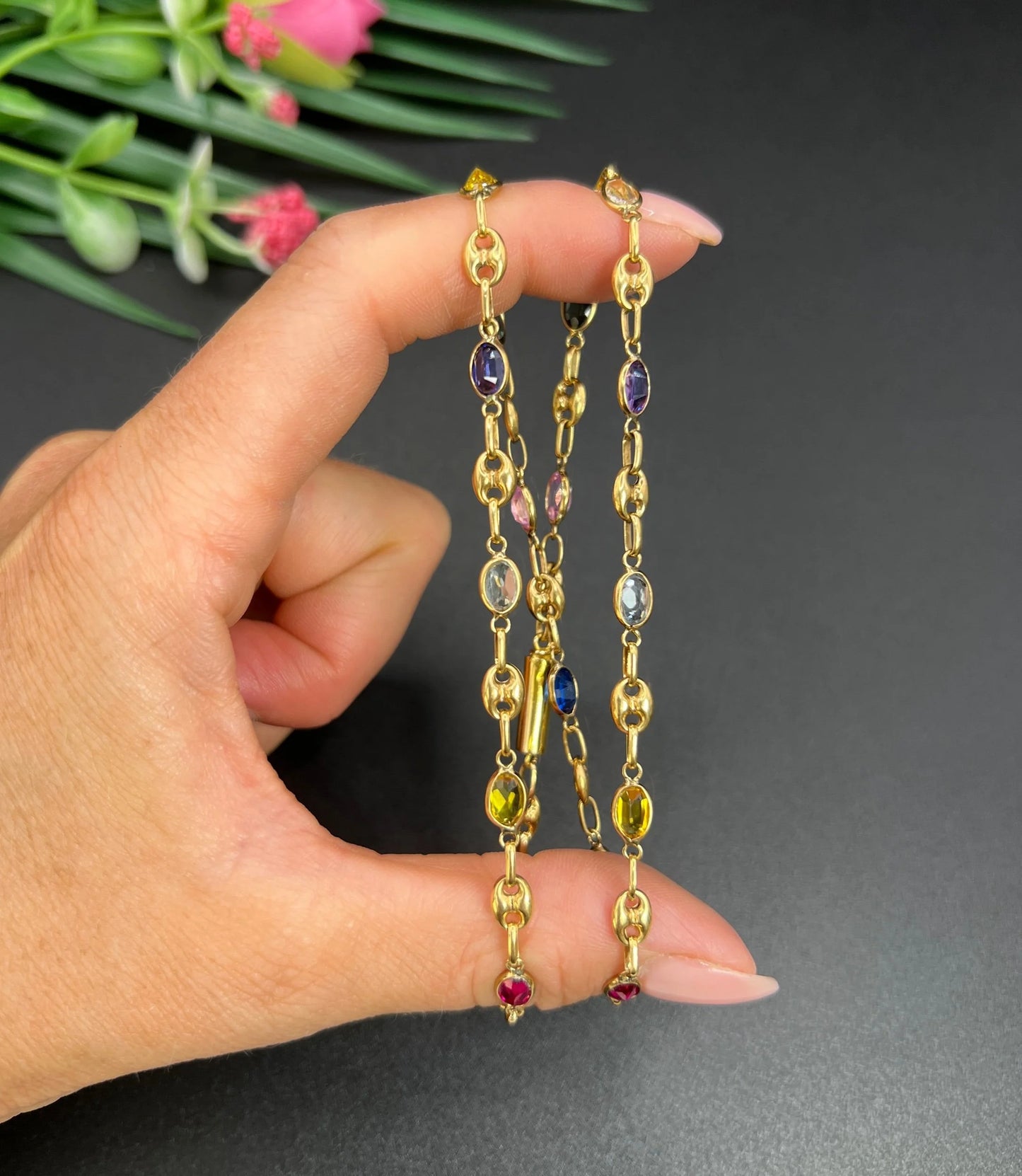 Vintage 18 Carat Yellow Gold Gemstone Harlequin Necklace with Barrel Clasp