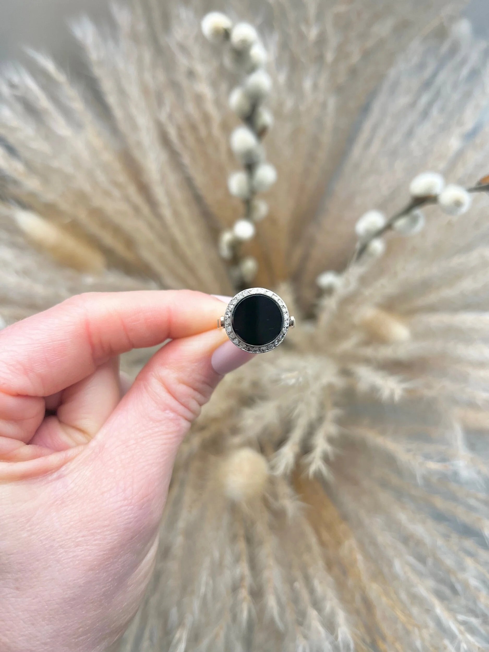 Art Deco Vintage Onyx and Diamond Halo Cluster Target Ring