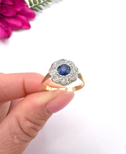 Antique 18 ct Yellow Gold And Platinum, Edwardian Sapphire And Diamond Daisy Cluster Ring