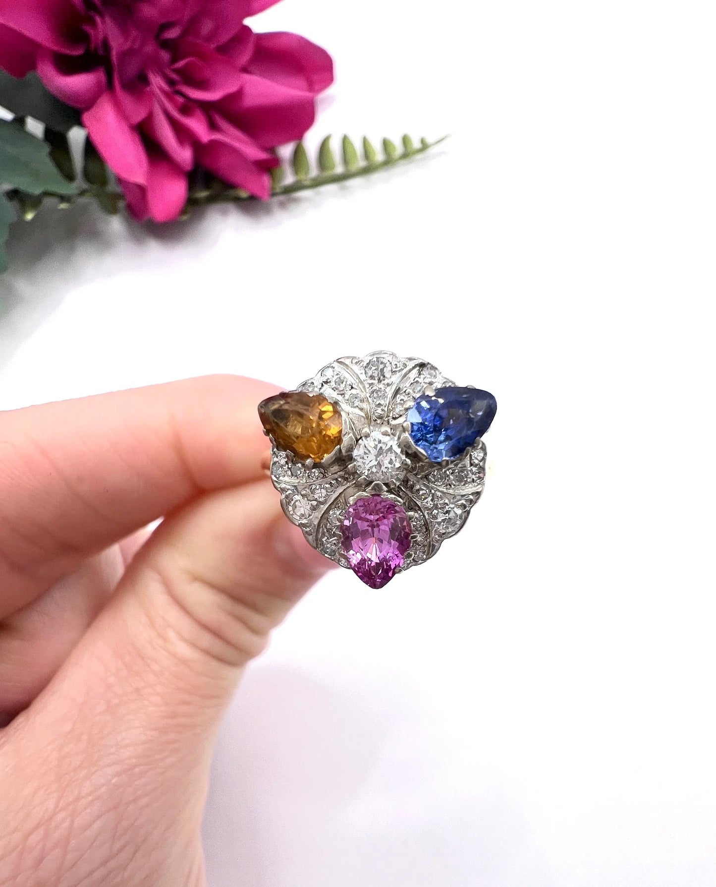 Vintage 18ct Gold, 1980s Natural Sapphire, Pink Sapphire & Citrine Cocktail Ring