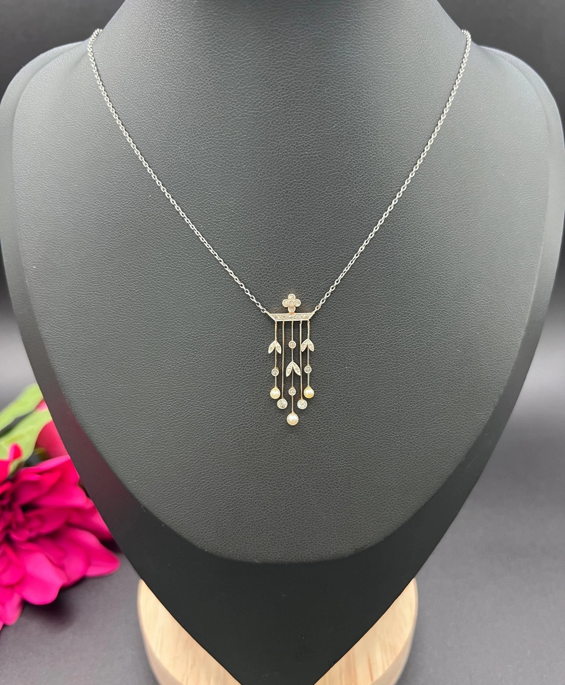 Antique 18ct Gold & Platinum, Edwardian Diamond and Pearl Pendant Necklace