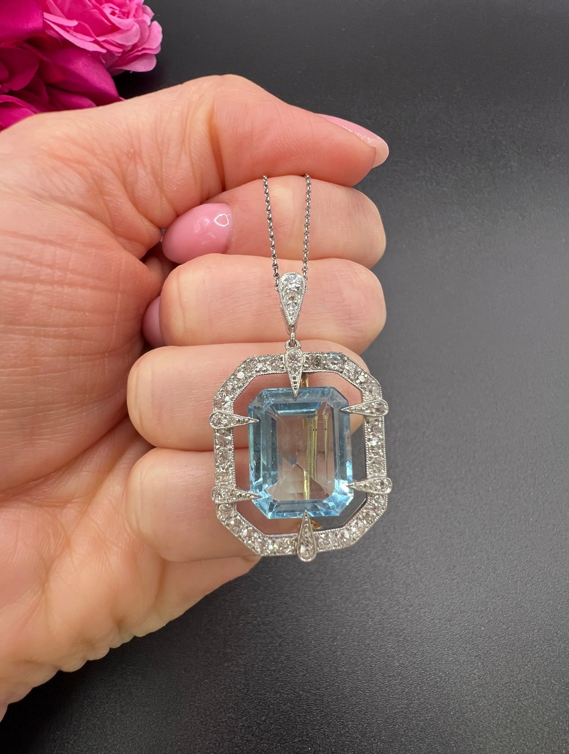 French Edwardian 18 Carat Gold, Platinum, Aquamarine and Diamond Pendant Necklace