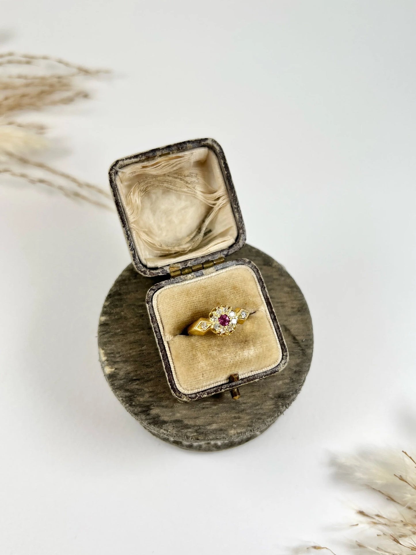 Antique 18 ct Yellow Gold Fancy Ruby And Diamond Daisy Cluster Ring