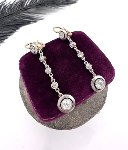 Edwardian Antique 1.30ct Diamond Target Drop Earrings in 18ct Gold and Platinum