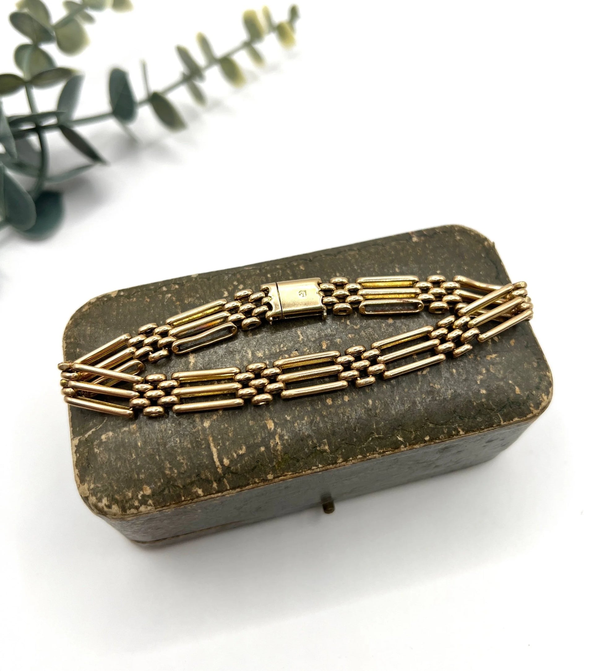 Antique 15 Carat Yellow Gold Three Row Gate Bracelet, Circa 1900