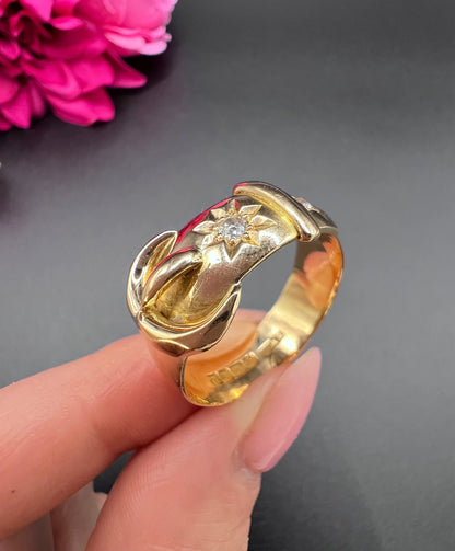 Antique 18ct Yellow Gold, Star Set Diamond Buckle/Belt Ring, Hallmarked Birmingham 1919