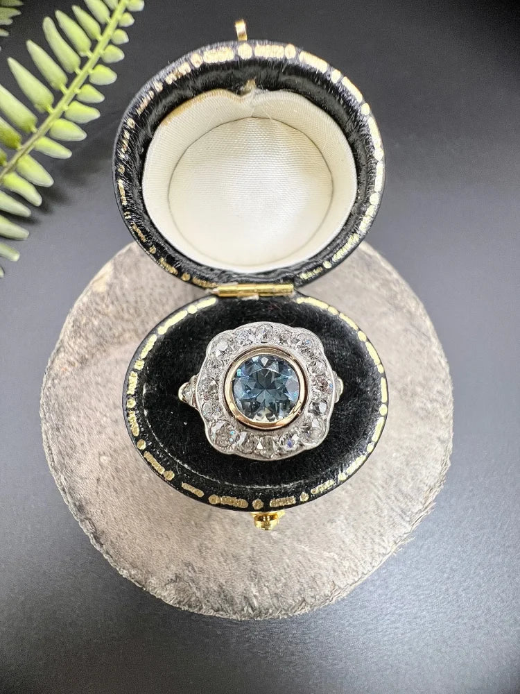Antique Aquamarine And Diamond Cluster Ring In 18 Carat Yellow Gold And Platinum