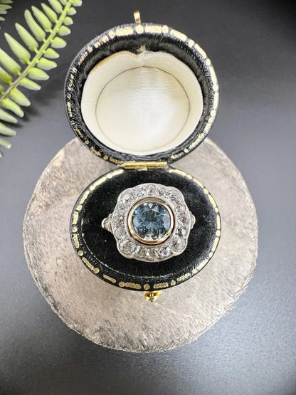Antique Aquamarine And Diamond Cluster Ring In 18 Carat Yellow Gold And Platinum
