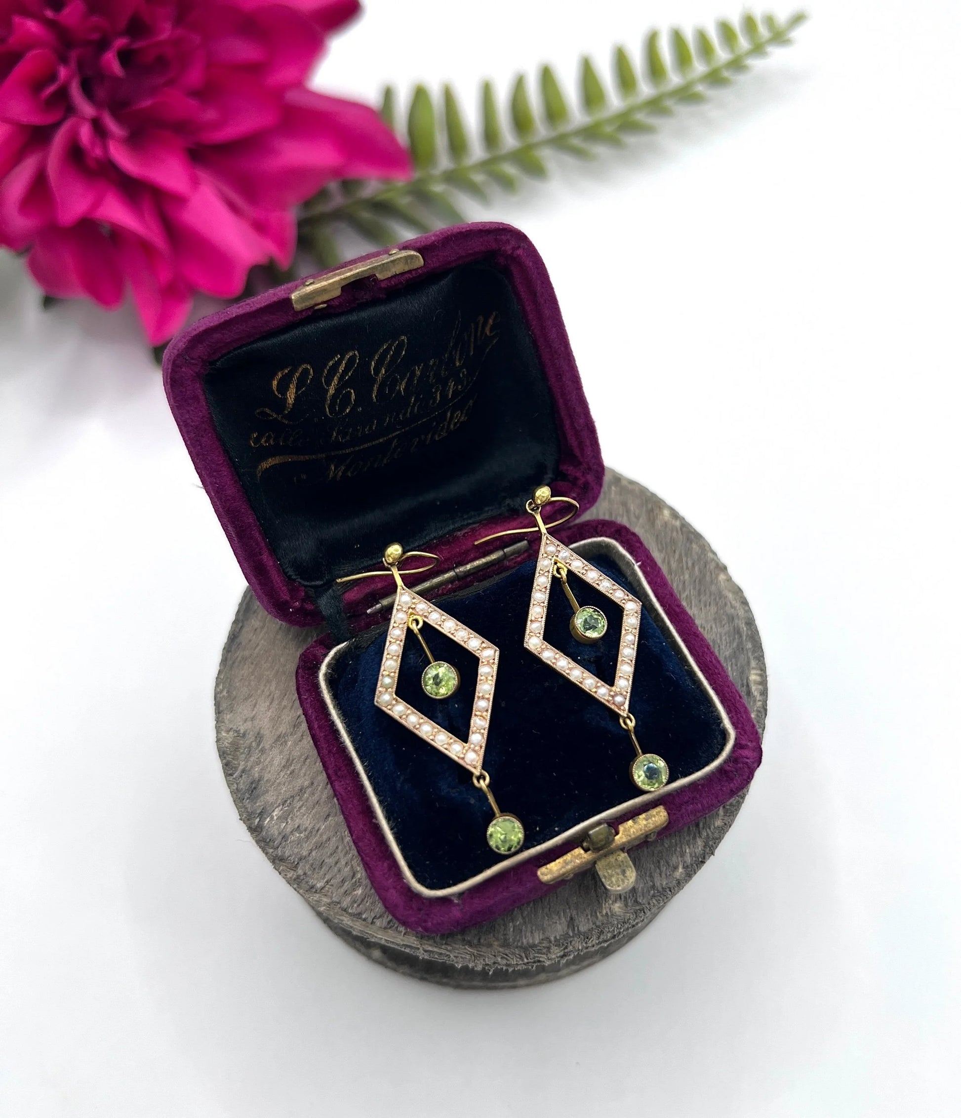 Edwardian 9 Carat Gold Peridot and Seed Pearl Drop Earrings, Circa 1910