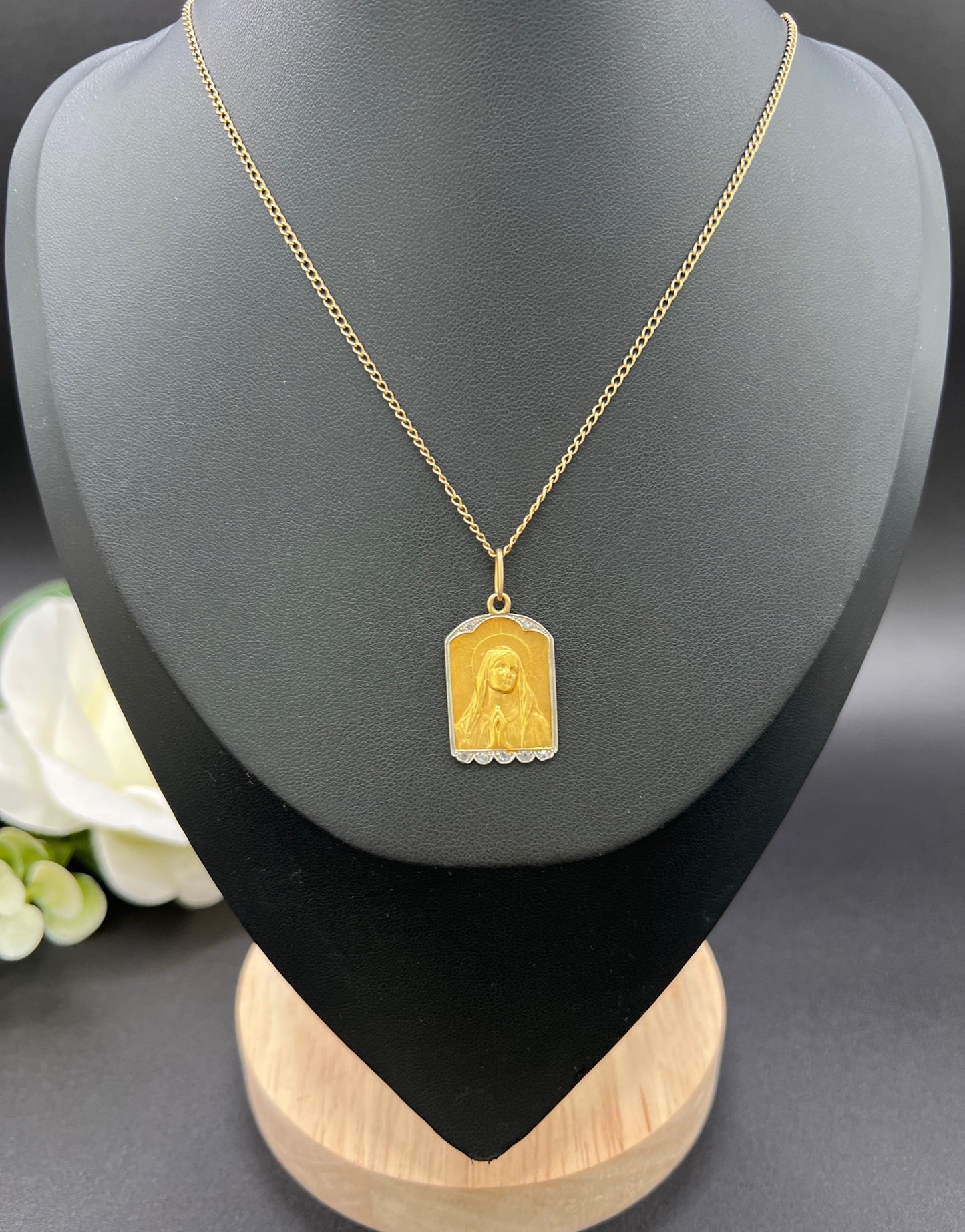 Antique 18 Carat Gold Diamond Set Madonna Religious Pendant, Circa 1910