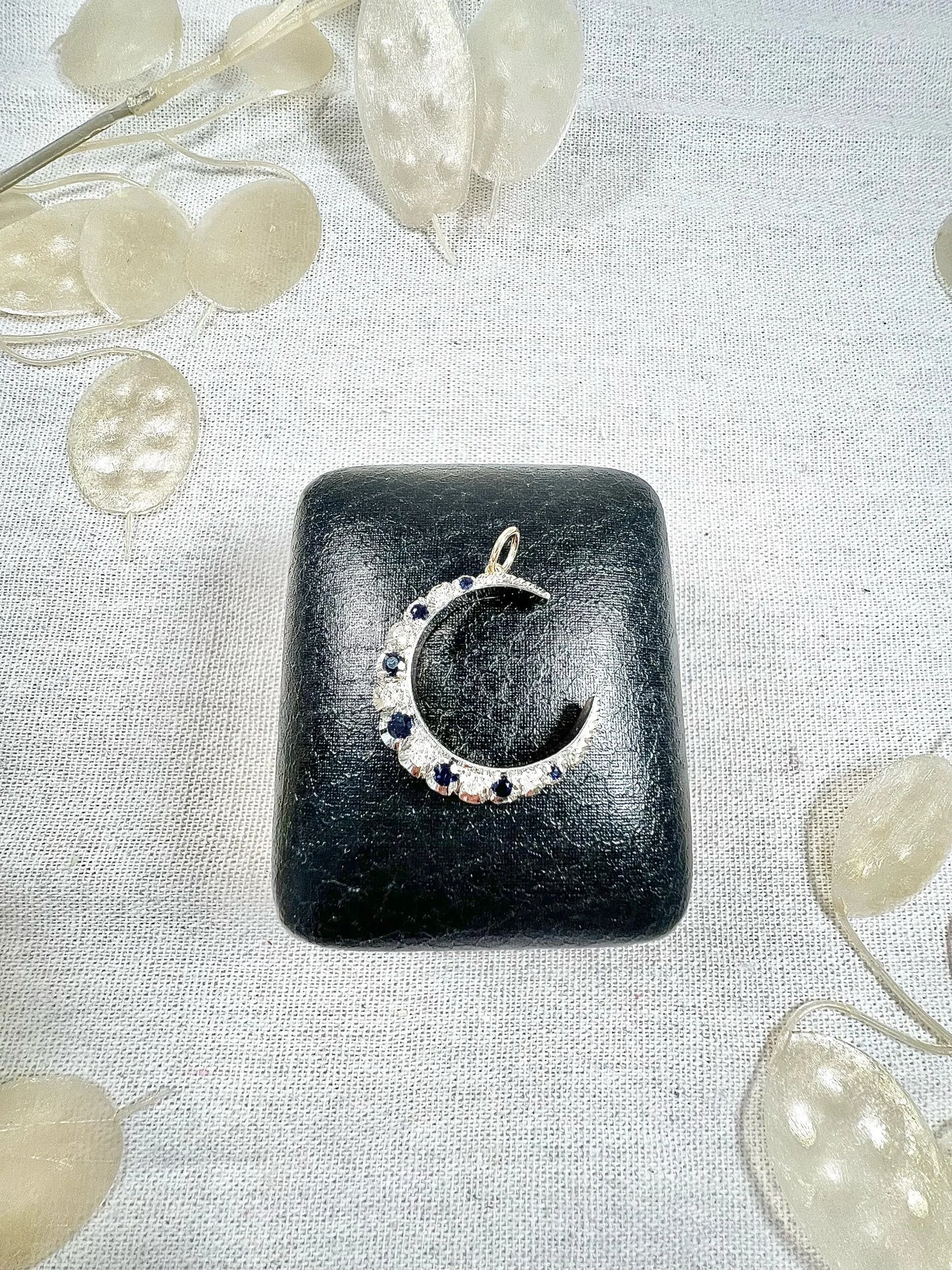 Victorian 9 Carat Gold, Silver, Sapphire and Diamond Crescent Moon Pendant