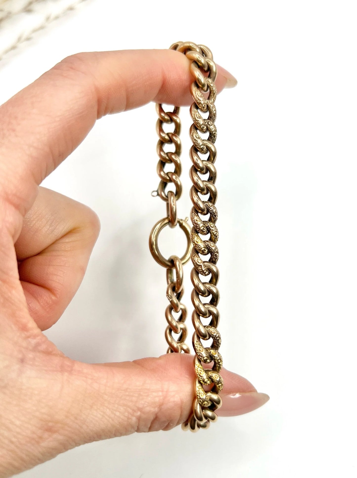 Edwardian 9 Carat Rose Gold Night and Day Floral Curb Bracelet with Large Bolt Ring