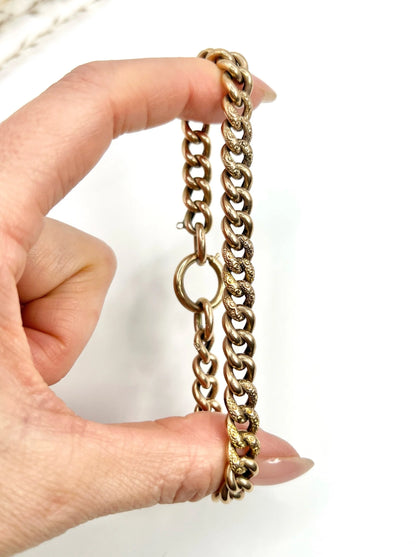 Edwardian 9 Carat Rose Gold Night and Day Floral Curb Bracelet with Large Bolt Ring