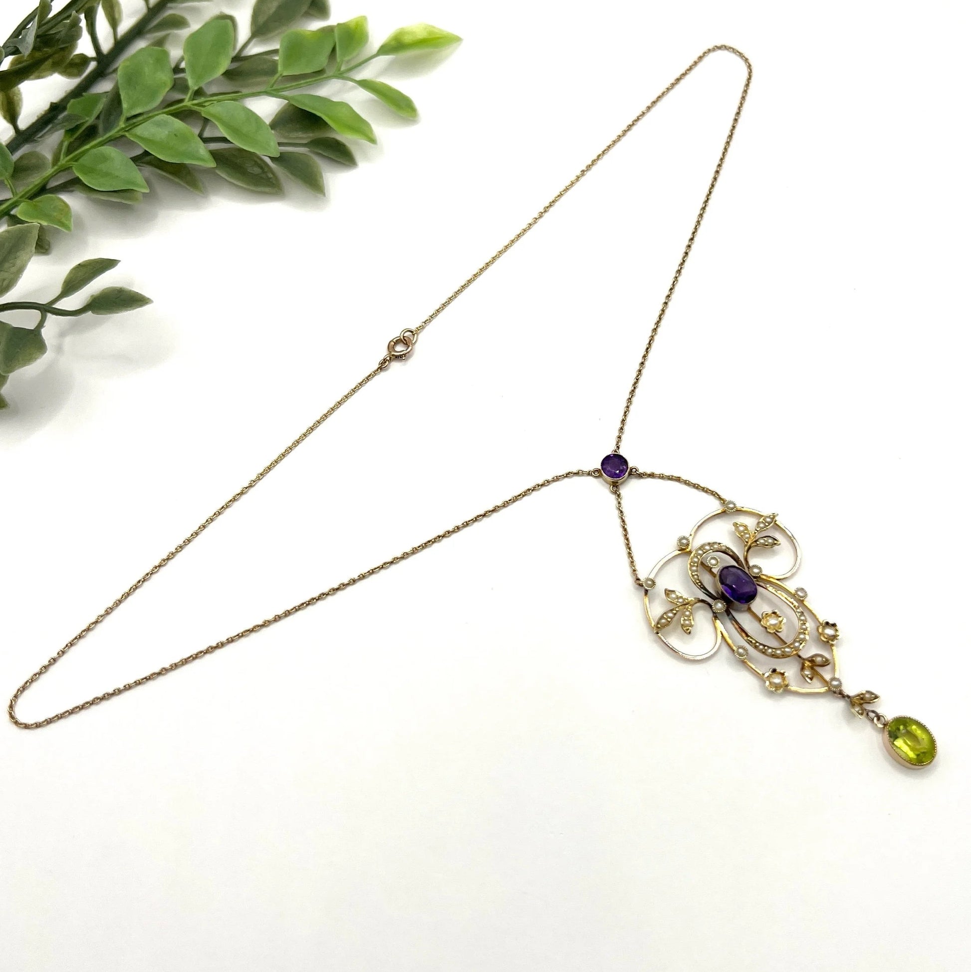 Antique Edwardian 9ct Gold Stamped Suffragette Pendant Necklace with Amethyst Peridot Seed Pearls