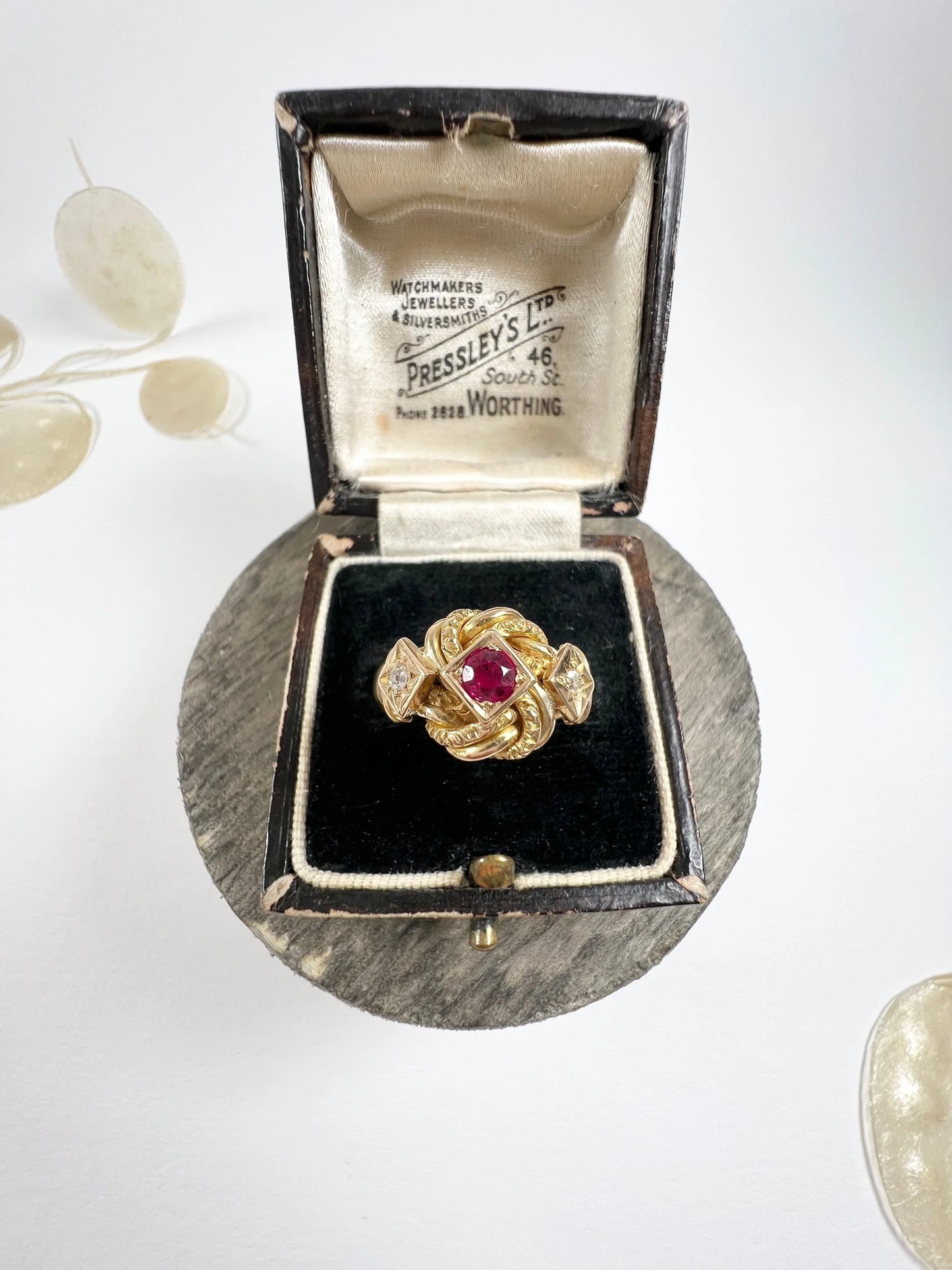 Antique 18 Carat Gold Ruby and Diamond Fancy Knot Ring, Hallmarked Birmingham 1916