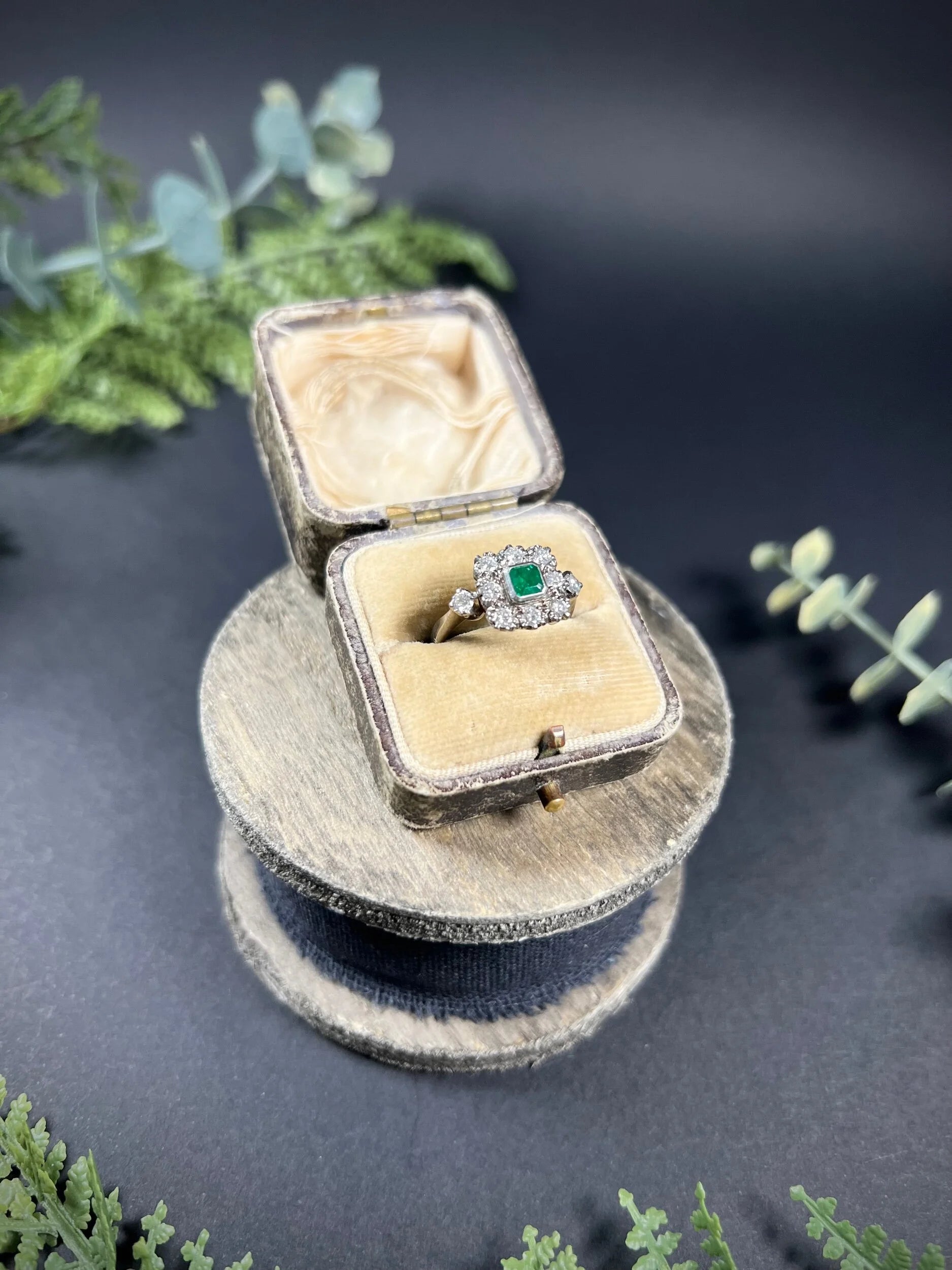 Vintage 18 Carat White Gold Emerald and Diamond Square Cluster Ring, Circa 1940