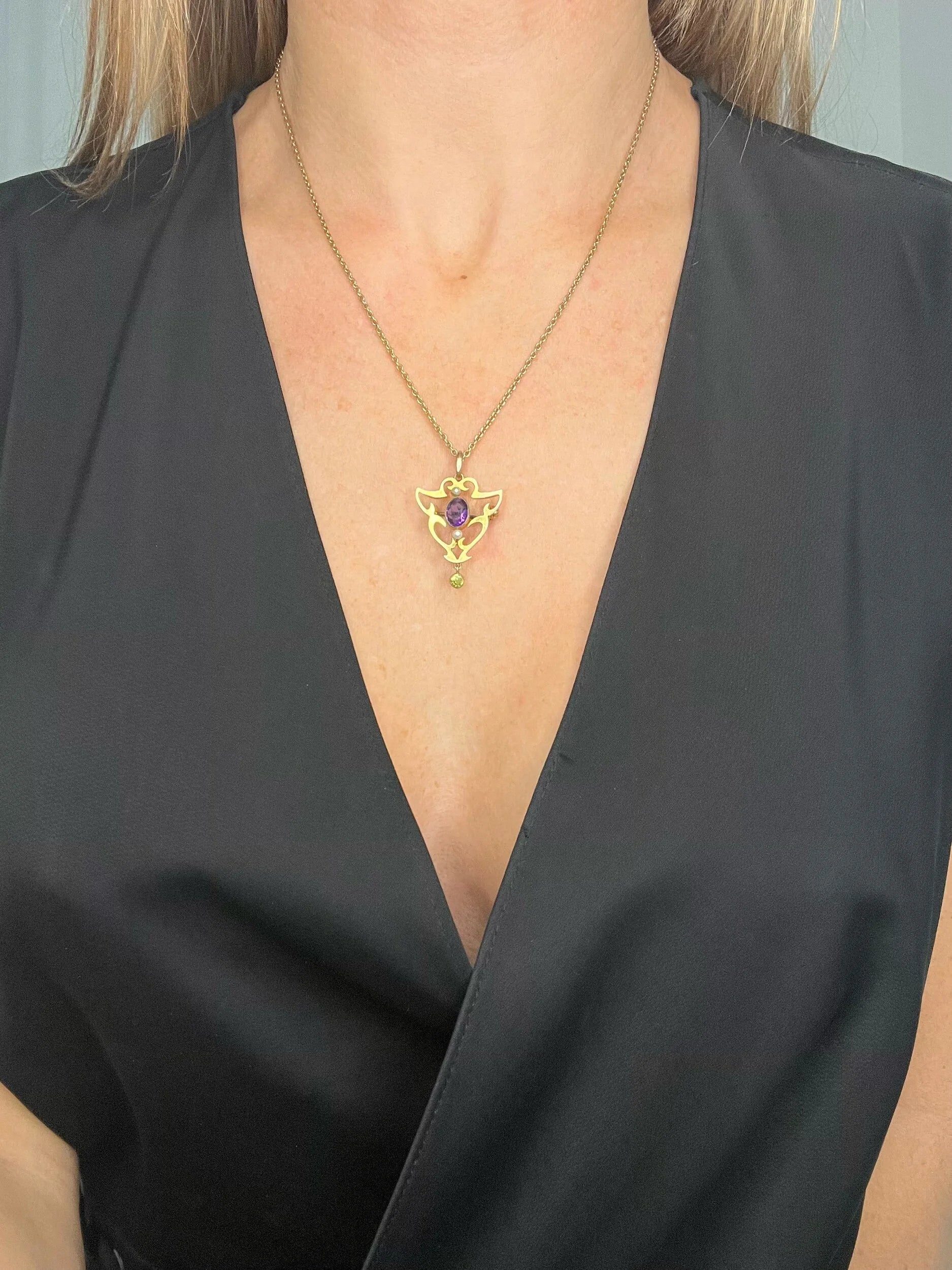 Antique 9ct Gold, Edwardian Amethyst, Pearl & Peridot Suffragette Pendant/Brooch