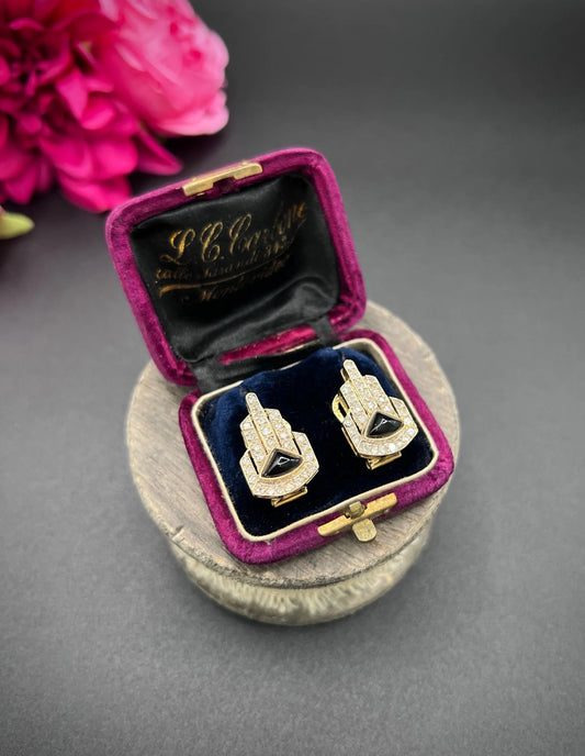 Vintage 14 ct Gold, Italian 1940's Art Deco Design, Diamond And Onyx Earrings