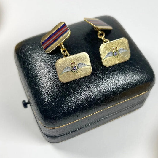 Antique 18 Carat Gold and Enamel Royal Air Force Cufflinks, Circa 1910