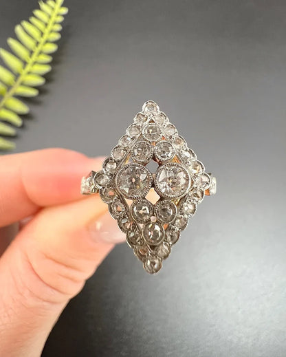 Antique Diamond Marquise Shaped Ring In 18 Carat Yellow Gold And Platinum