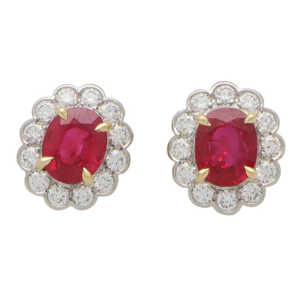 2.49ct Oval Ruby and Diamond Floral Cluster Stud Earrings
