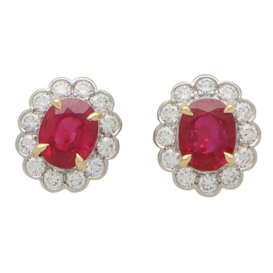 2.49ct Oval Ruby and Diamond Floral Cluster Stud Earrings