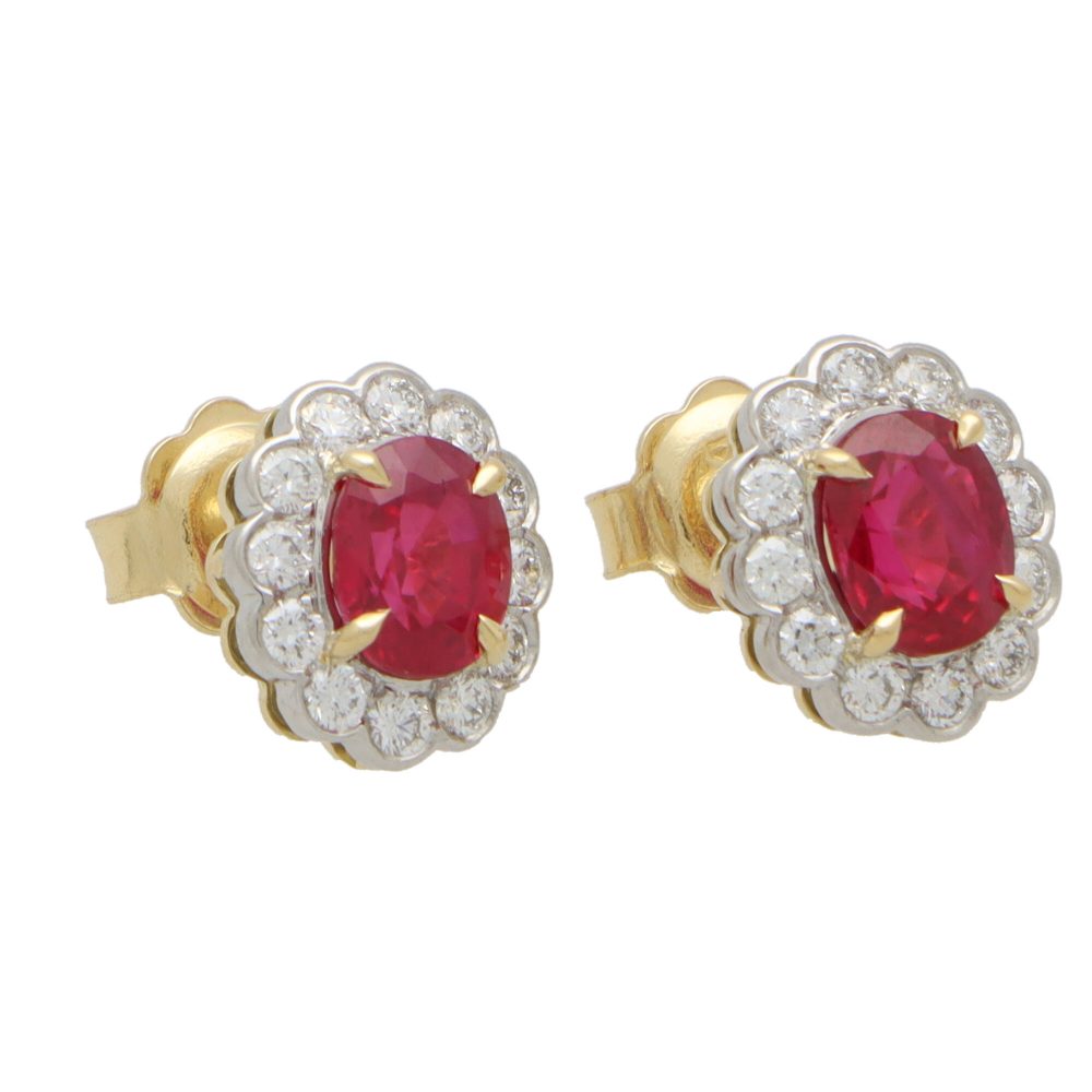 2.49ct Oval Ruby and Diamond Floral Cluster Stud Earrings