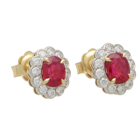 2.49ct Oval Ruby and Diamond Floral Cluster Stud Earrings
