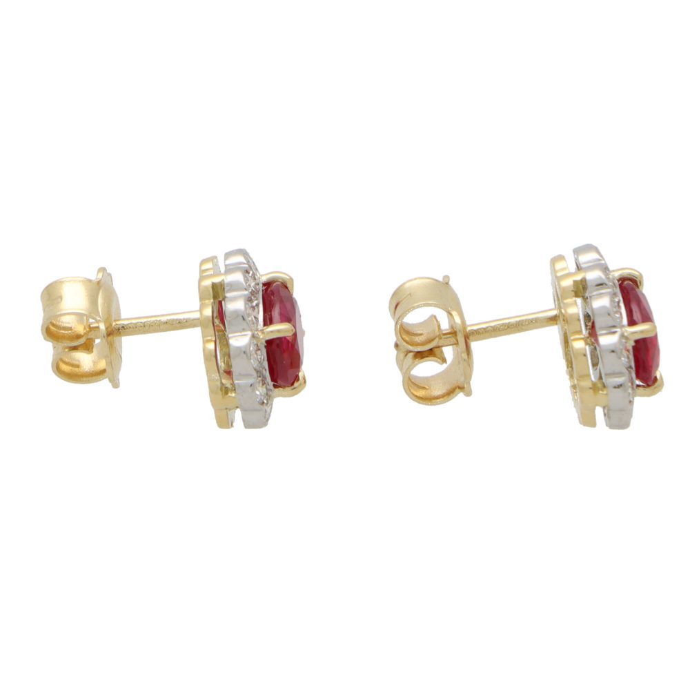 2.49ct Oval Ruby and Diamond Floral Cluster Stud Earrings