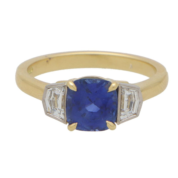 3ct Cushion Cut Natural Sapphire and Diamond Three Stone